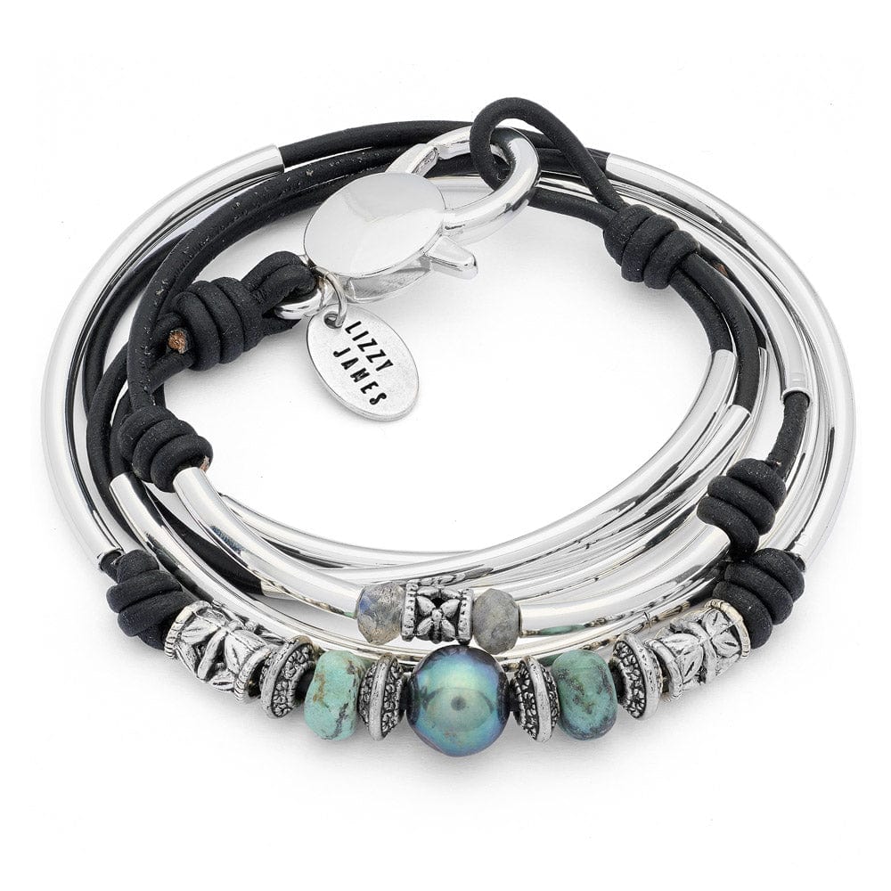 Lizzy James Big Sky handmade bracelets stack. Black leather metal accents wrap bracelet with pearls and labradorite. Western-style jewelry photo.