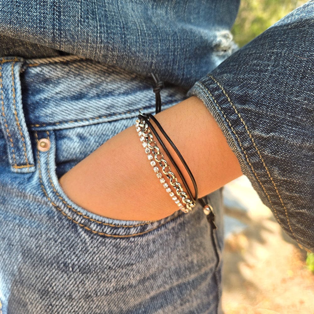 Cassidy Black Leather and Silver Bracelet with Rhinestones Denim Square