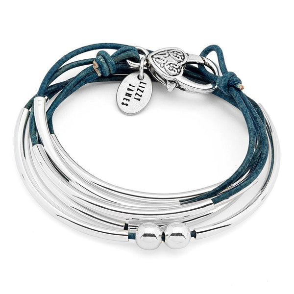 Blue Leather Wrap Bracelet w Silver Crescents