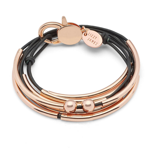 Girlfriend Rose Gold Black Leather Convertible Wrap Bracelet Necklace