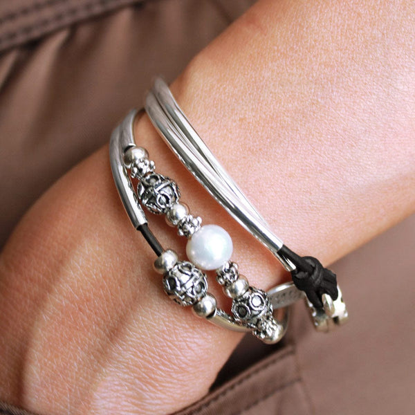 Holly Silver & Black Leather Wrap Bracelet with Pearl