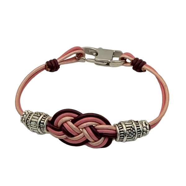 Celtic 3-Strand Pink & Plum Leather Bracelet with Pewter Beads