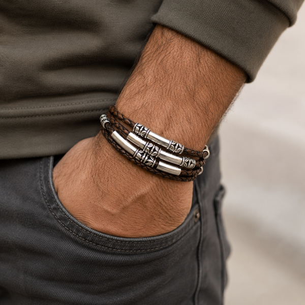 Maxi Braided Brown Leather Men's Wrap Bracelet | Lizzy James