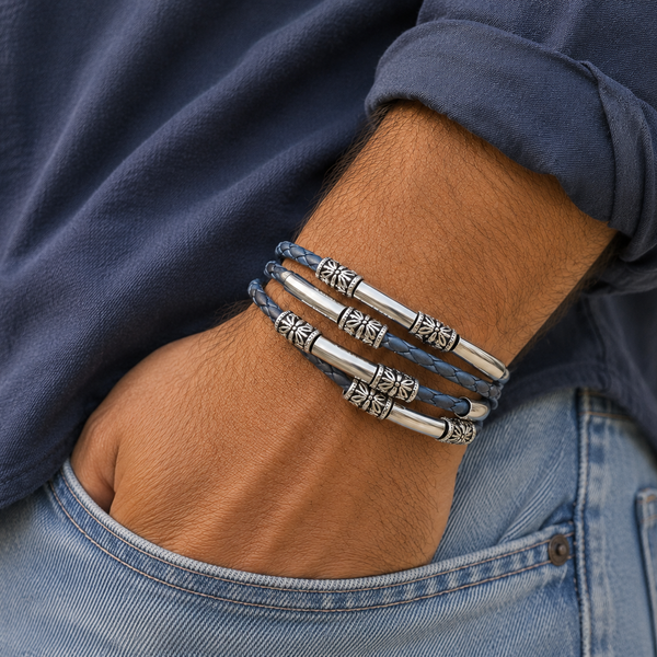 Maxi Braided Blue Leather Men's Wrap Bracelet | Lizzy James