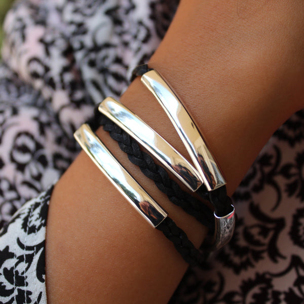 Leather Wrap Bracelet w Silver Crescents