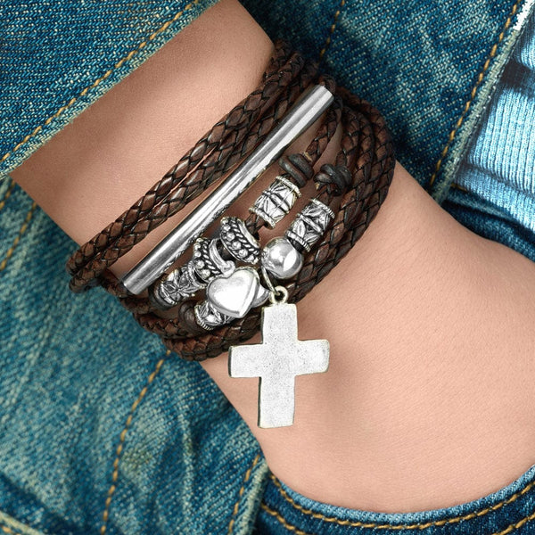 Brown Leather Wrap Bracelet Necklace w Silver Beads