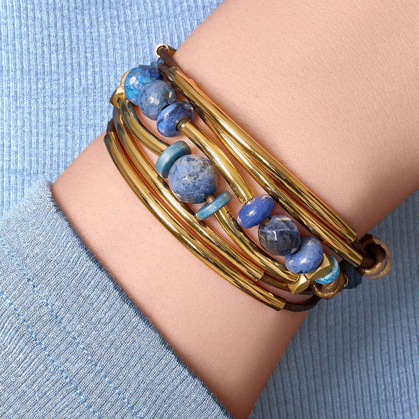Night Swim Gold Leather Wrap Bracelet w Lapis Beads Lizzy James