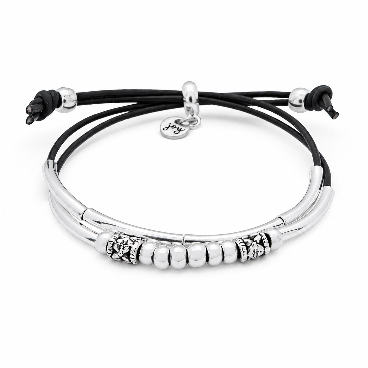 Pancake Silver & Black Leather Adjustable Bracelet