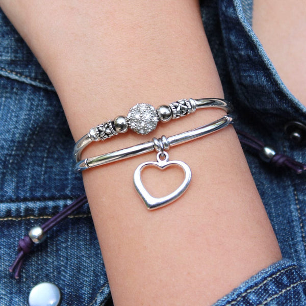 Rhinestone & Silver Leather Bracelet - Adjustable