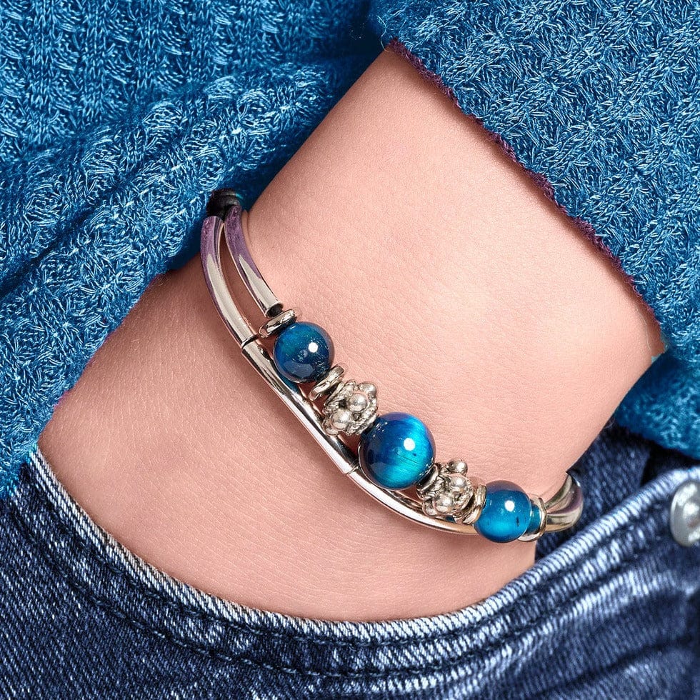 Blue Tiger's Eye Silver and Leather Adjustable Bracelet