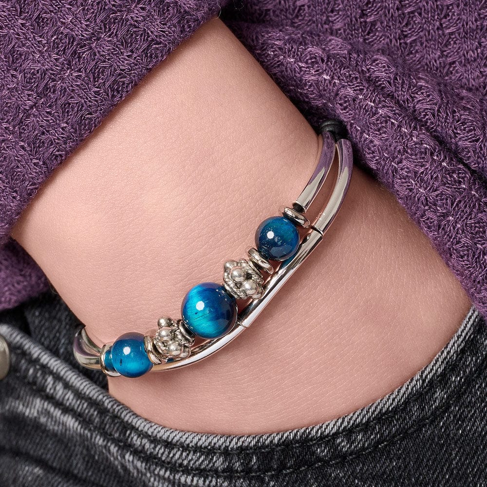 Blue Tiger's Eye Silver and Leather Adjustable Bracelet