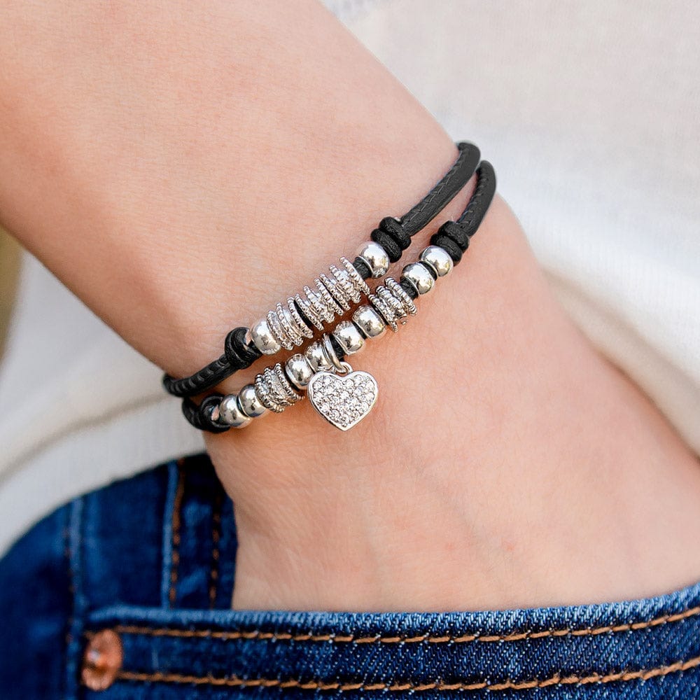 Charlotte bracelet with heart charm stainless steel clasp in black nappa leather