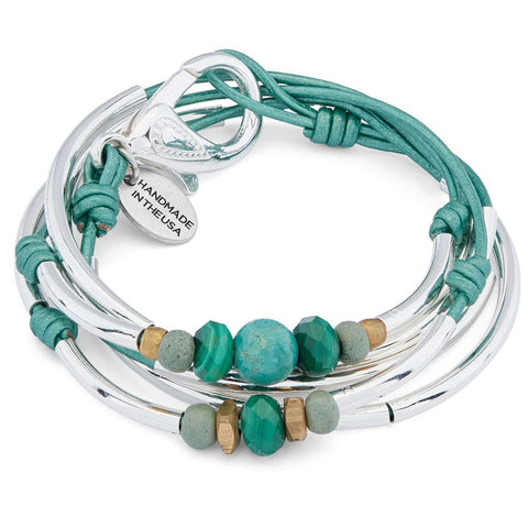 Ireland Silver & Leather Wrap Bracelet w Turquoise & Malachite shown in Metallic Teal leather