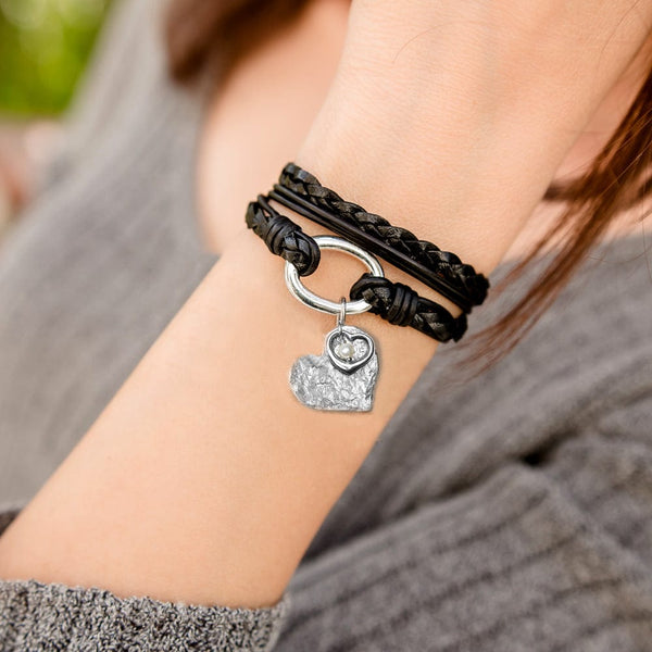 Paisley Braided Black Leather Wrap Bracelet - Silver Ring for