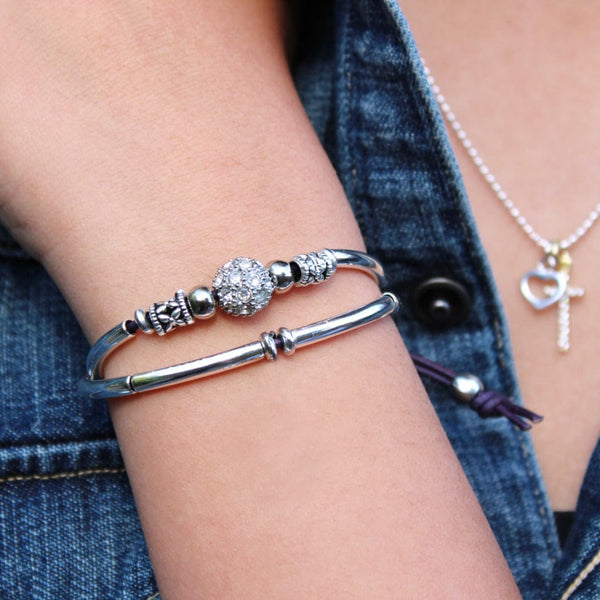 Rhinestone & Silver Leather Bracelet - Adjustable