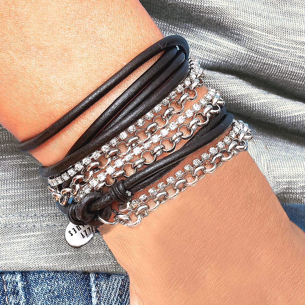Sydney Wrap Bracelet with Rhinestone Chain in Natural Black Leather