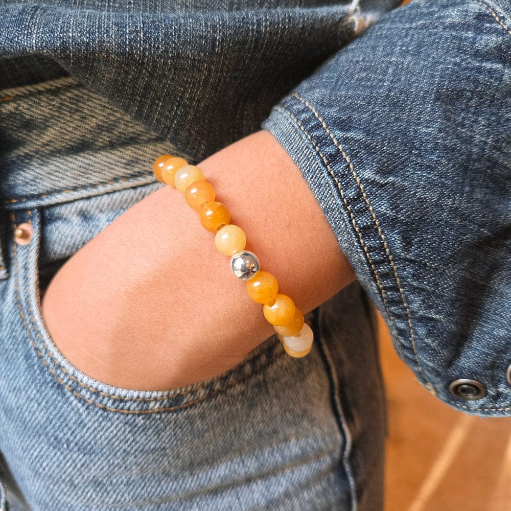 Yellow Jade Beaded Stretch Bracelet w Sterling Silver Bead