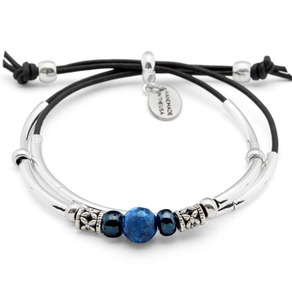 Lizzy James Blue Ocean handmade bracelets. Black leather metal accents Lapis Lazuli boho jewelry bracelet.