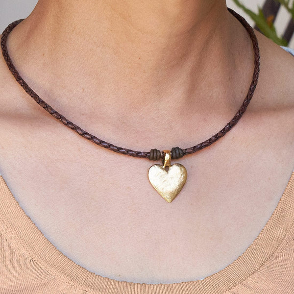 Eternal Braided Leather Necklace w Gold Hammered Heart Pendant – Lizzy James