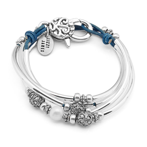 Holly Silver & Blue Leather Wrap Bracelet – Pearl Focal