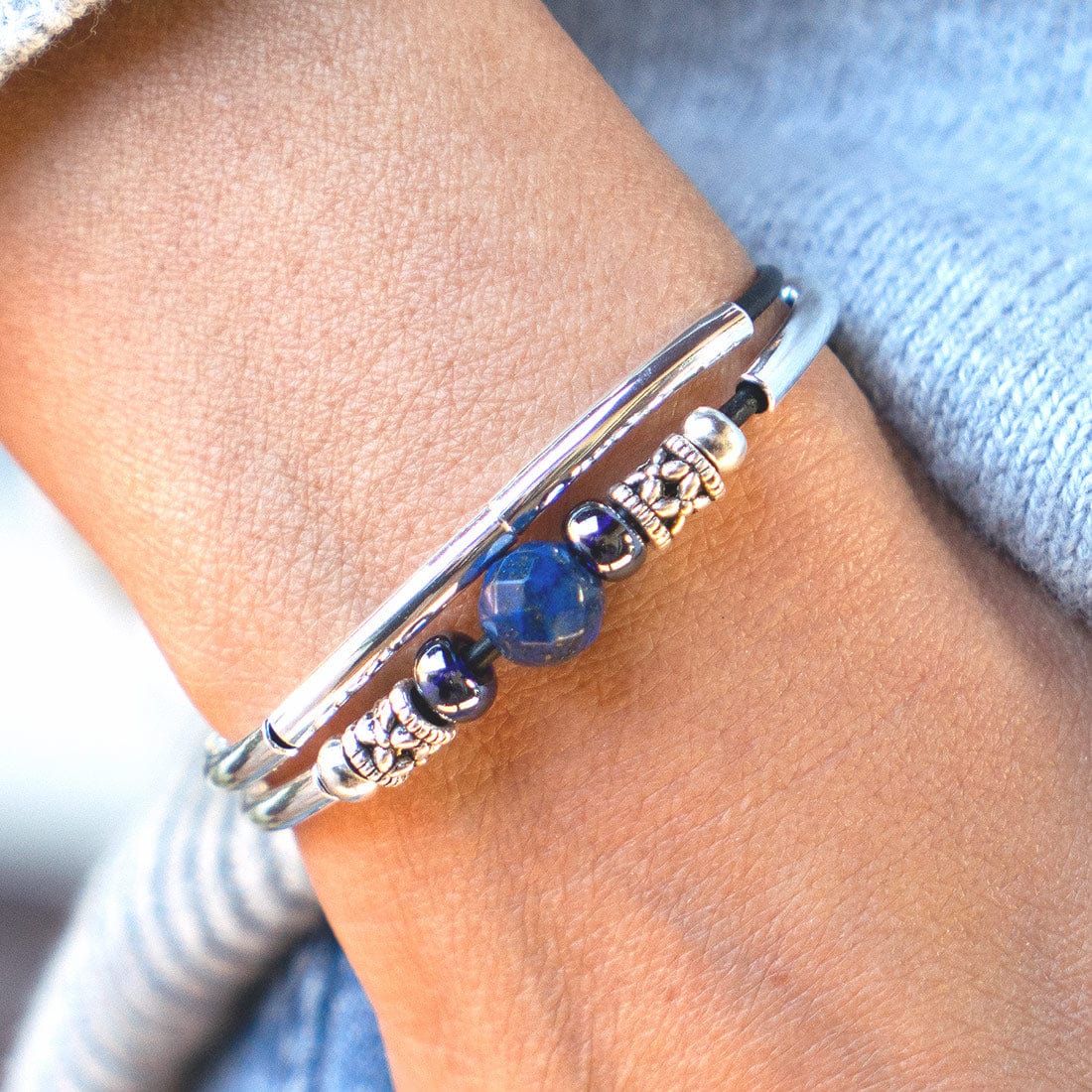 Lizzy James Blue Ocean handmade bracelets. Black leather metal accents Lapis Lazuli boho jewelry bracelet.