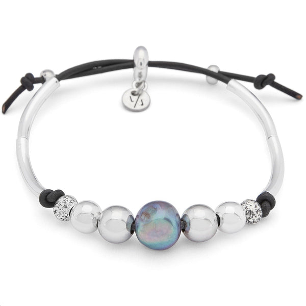LETICIA バレッタ VALLETTA 01 Silver Mila Adjustable Silver Bracelet in Black Leather with Pearl