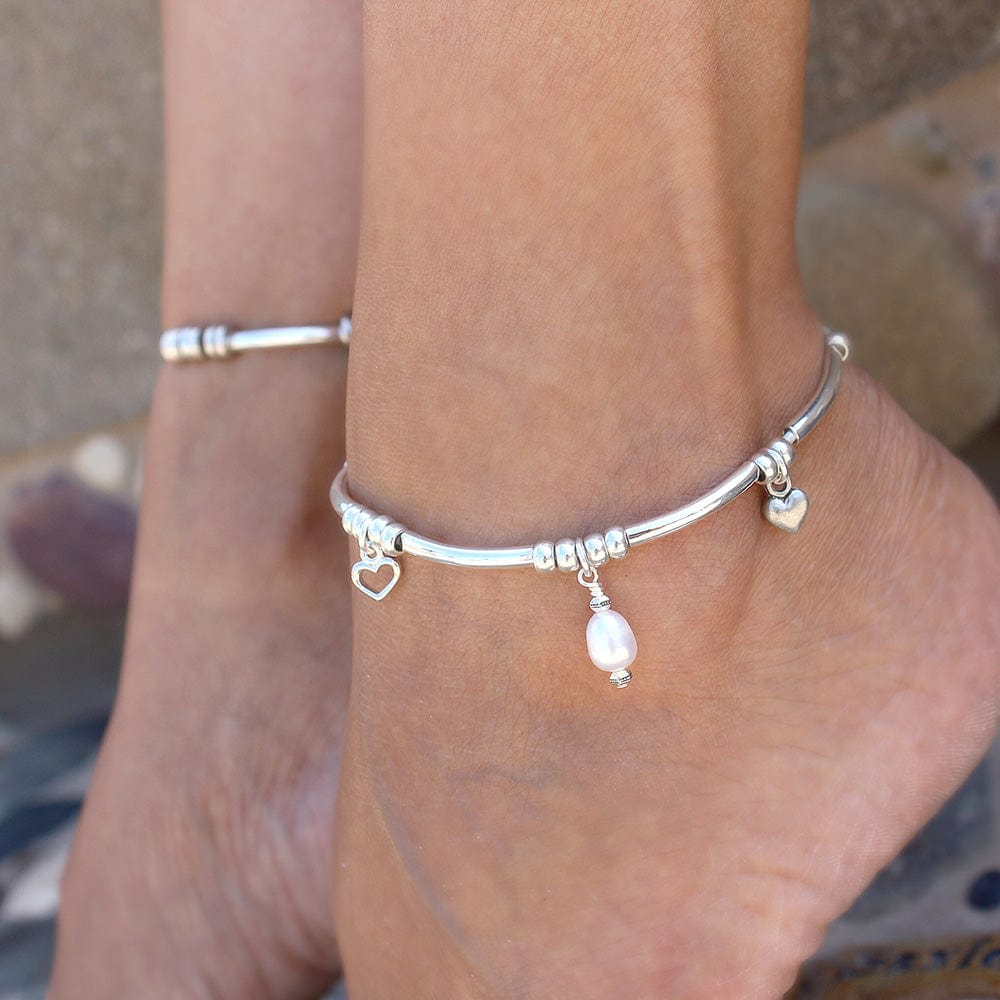 Freshwater Pearl & Silver Anklet with 2 Silver Hearts