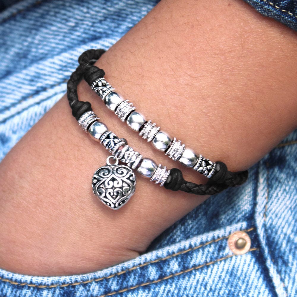 Zoe black leather bracelet with the silver puffed heart charm
