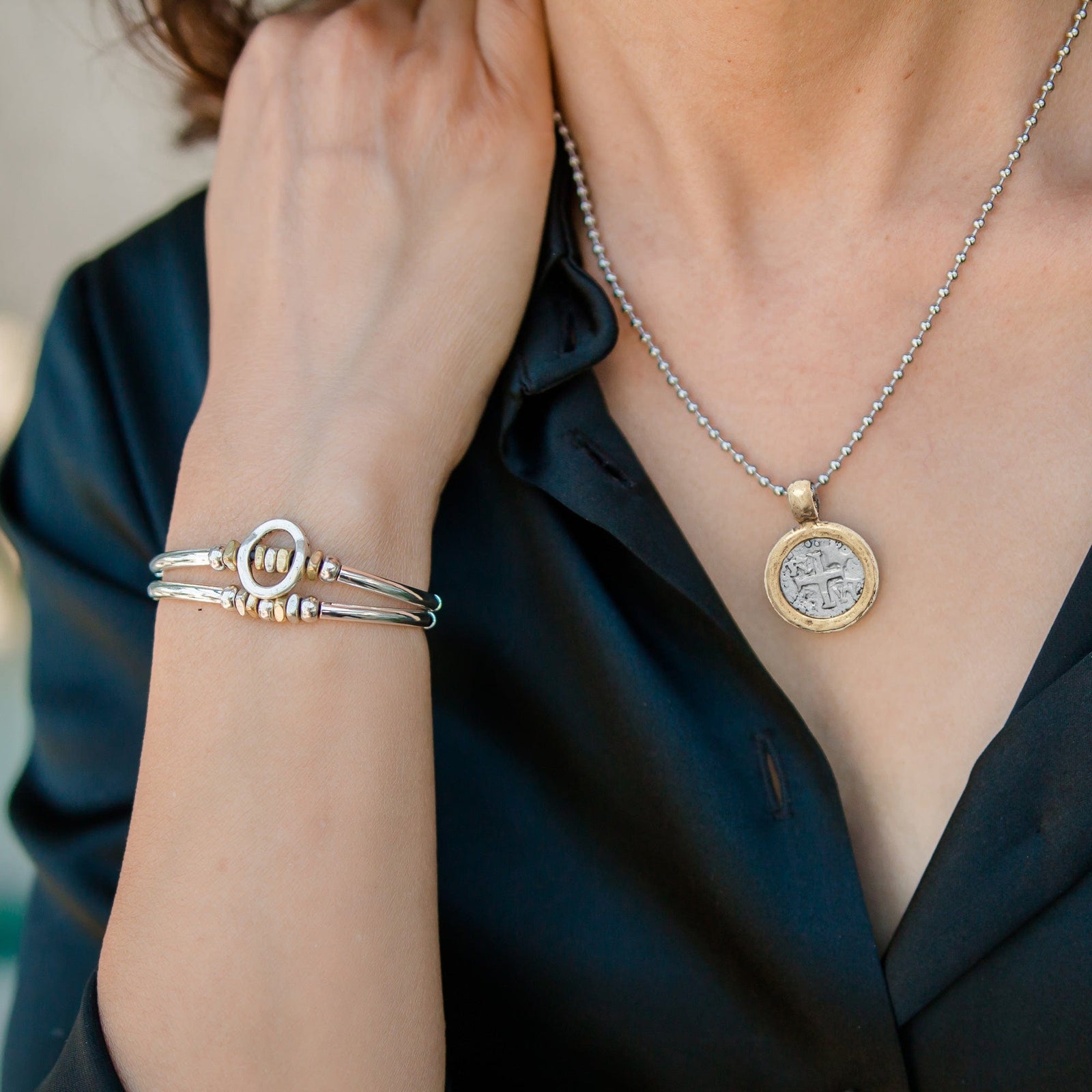 shop featured best sellers - Optimism bracelet and Vintage Silver and Gold Cross coin necklace