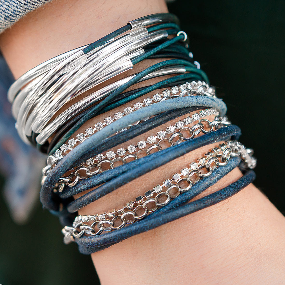 Lizzy Classic 4 strand leather and silver wrap bracelet with the Sydney blue leather wrap bracelet with rhinestone chain
