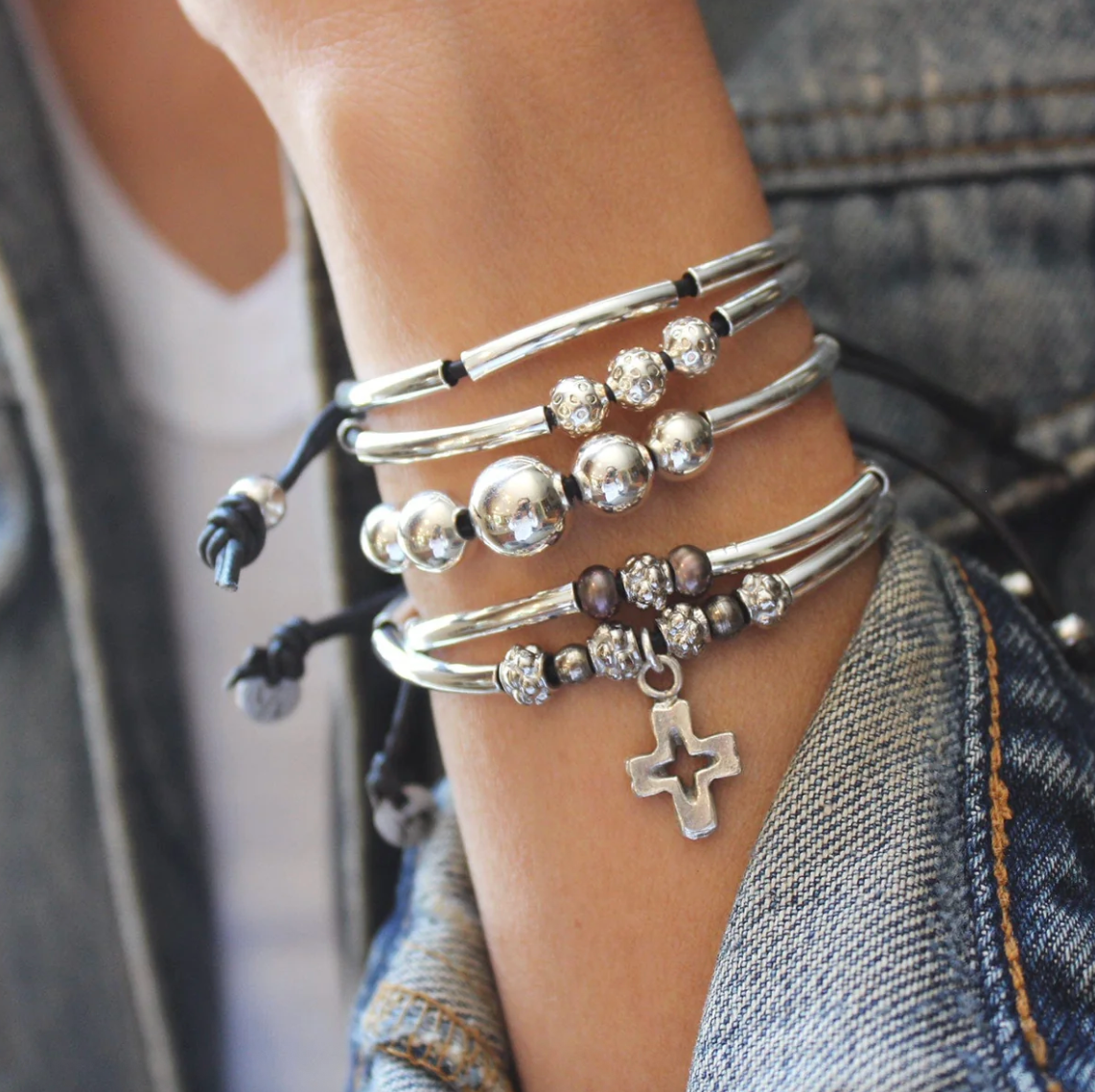 shop the Crystal Water silver, black leather, Moonstone and Pearl bracelet