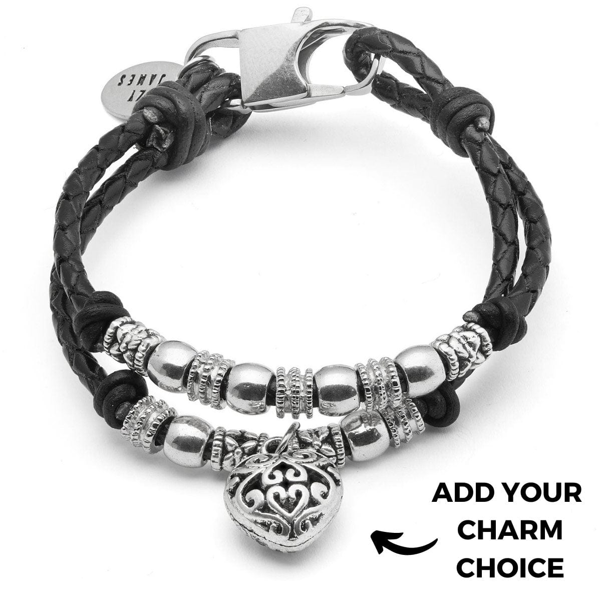 Zoe braided black leather and silver bracelet with custom charm options