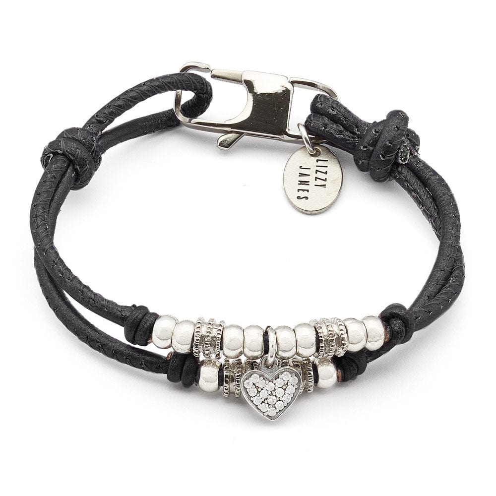 Charlotte heart charm bracelet in black leather with silver beads and large secure clasp