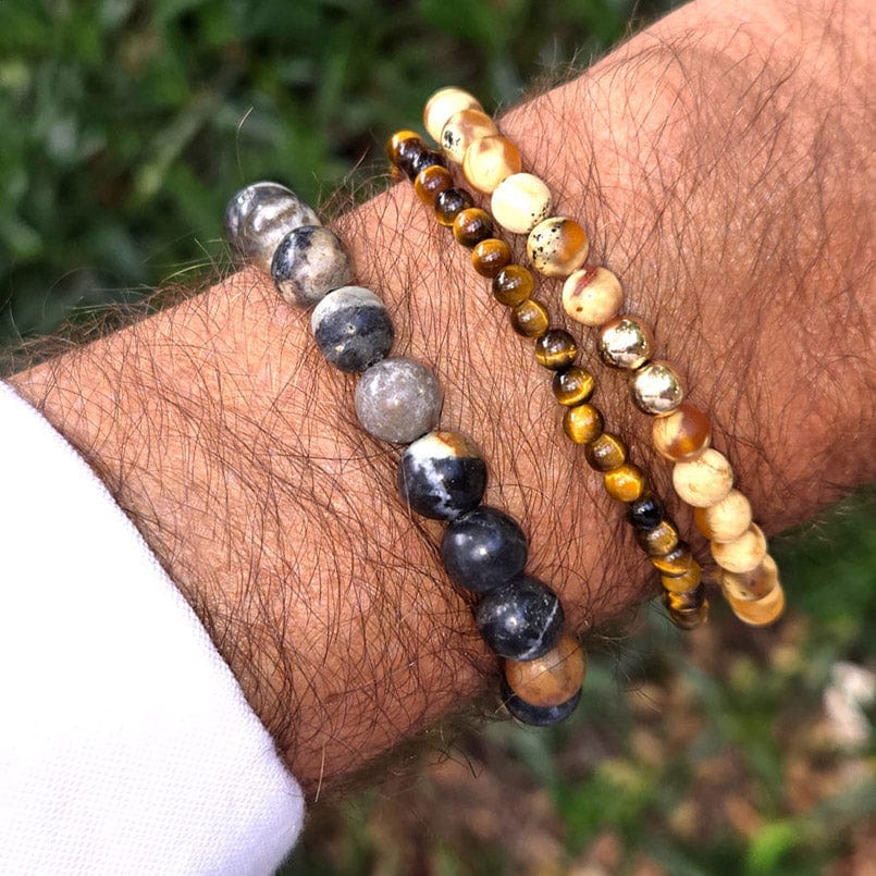 Men's beaded bracelets with Tiger's Eye, fossil and 14k gold filled beads