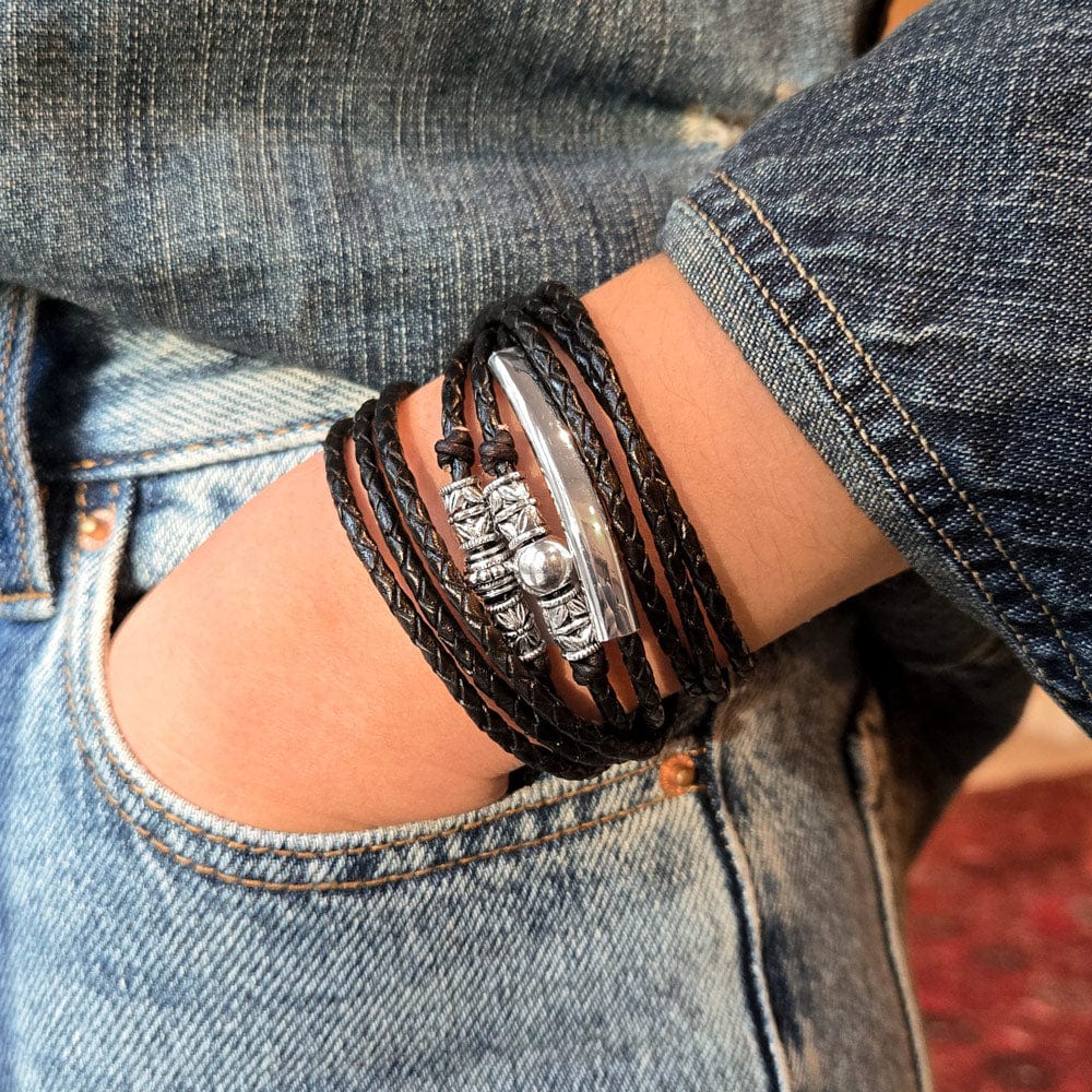 Black leather wrap bracelet, the Naomi, with silver beads and crescents