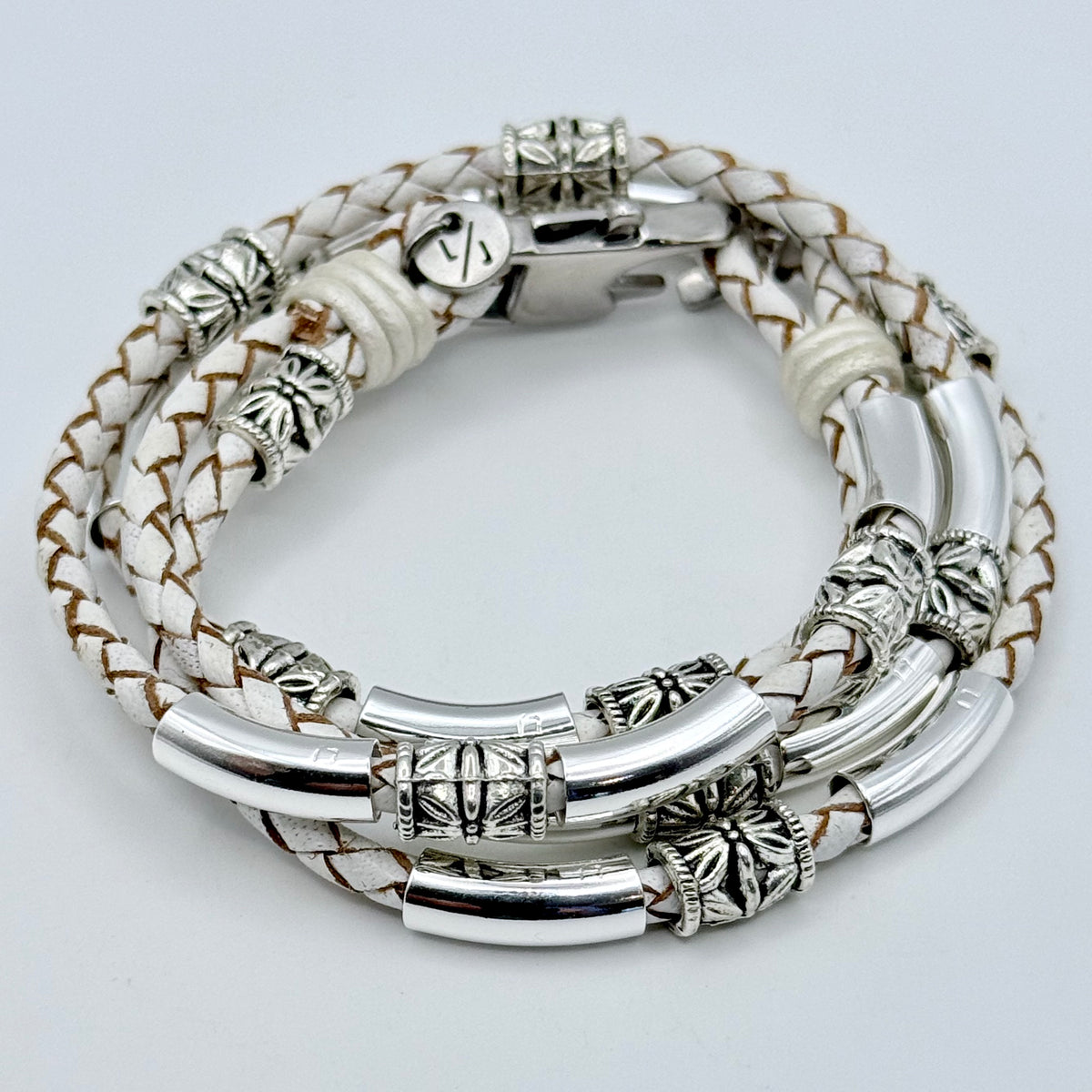 Woman's Maxi Braided Brown Leather Wrap Bracelet with Etched Silver Crescents | 8 Colors