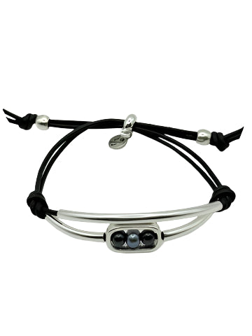Elara Silver and Black Adjustable Bracelet With Pearls