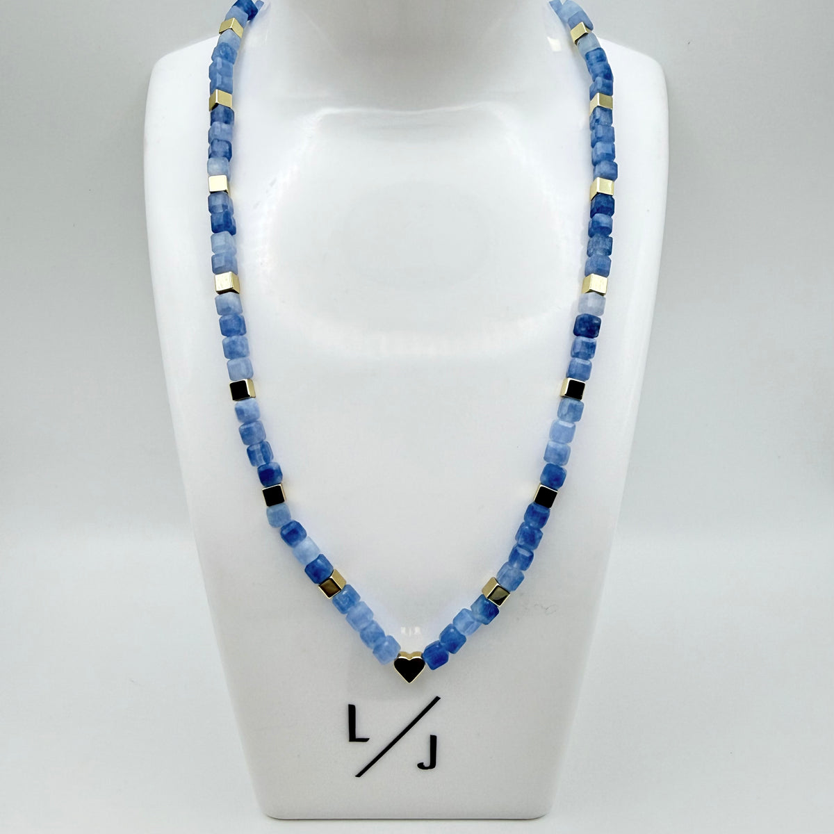 16 inch faceted Aquamarine cube necklace with gold-plated cube accents and gold heart focal – March birthstone handmade jewelry