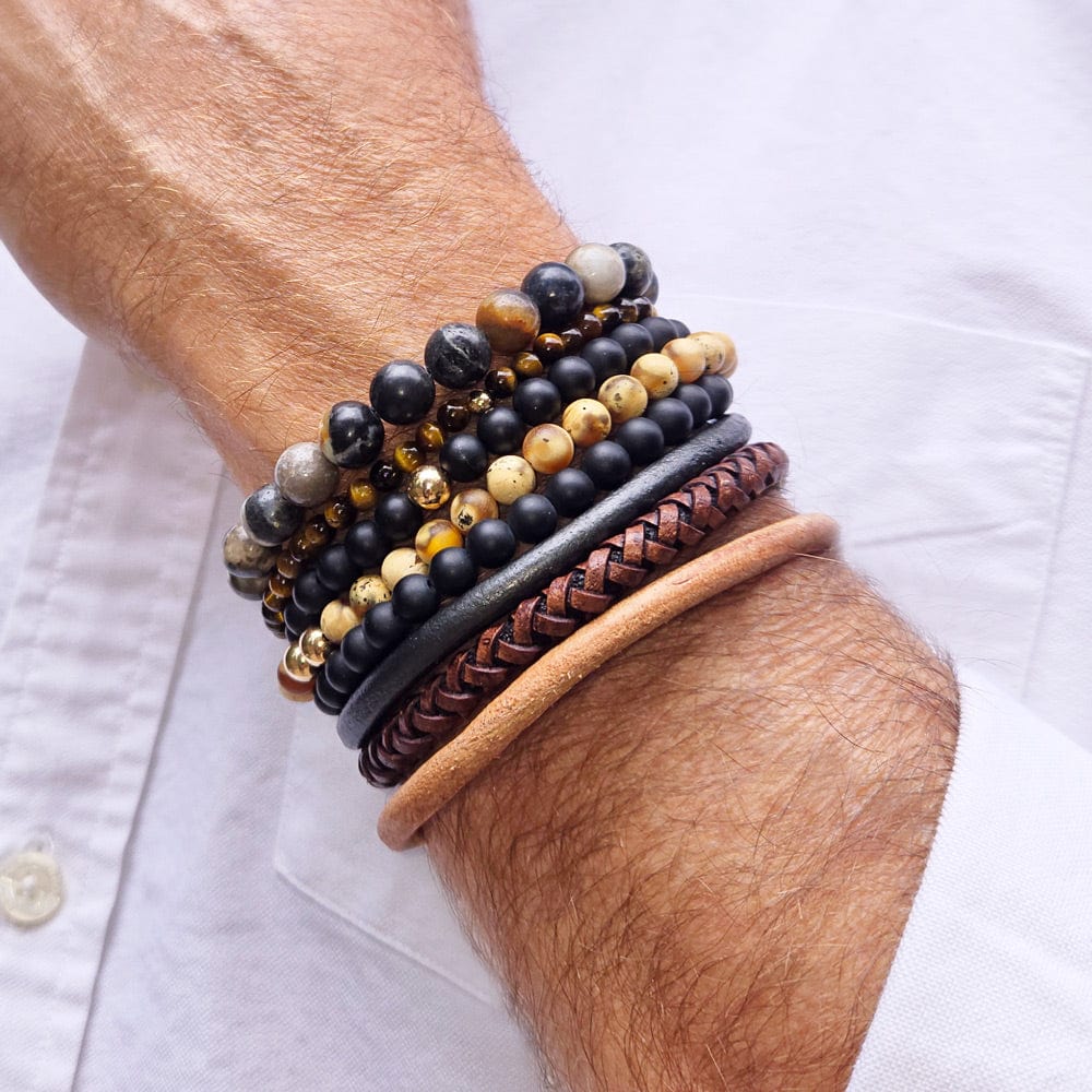 2 men&#39;s black onyx and tiger&#39;s eye beaded bracelets with agate and leather bracelets