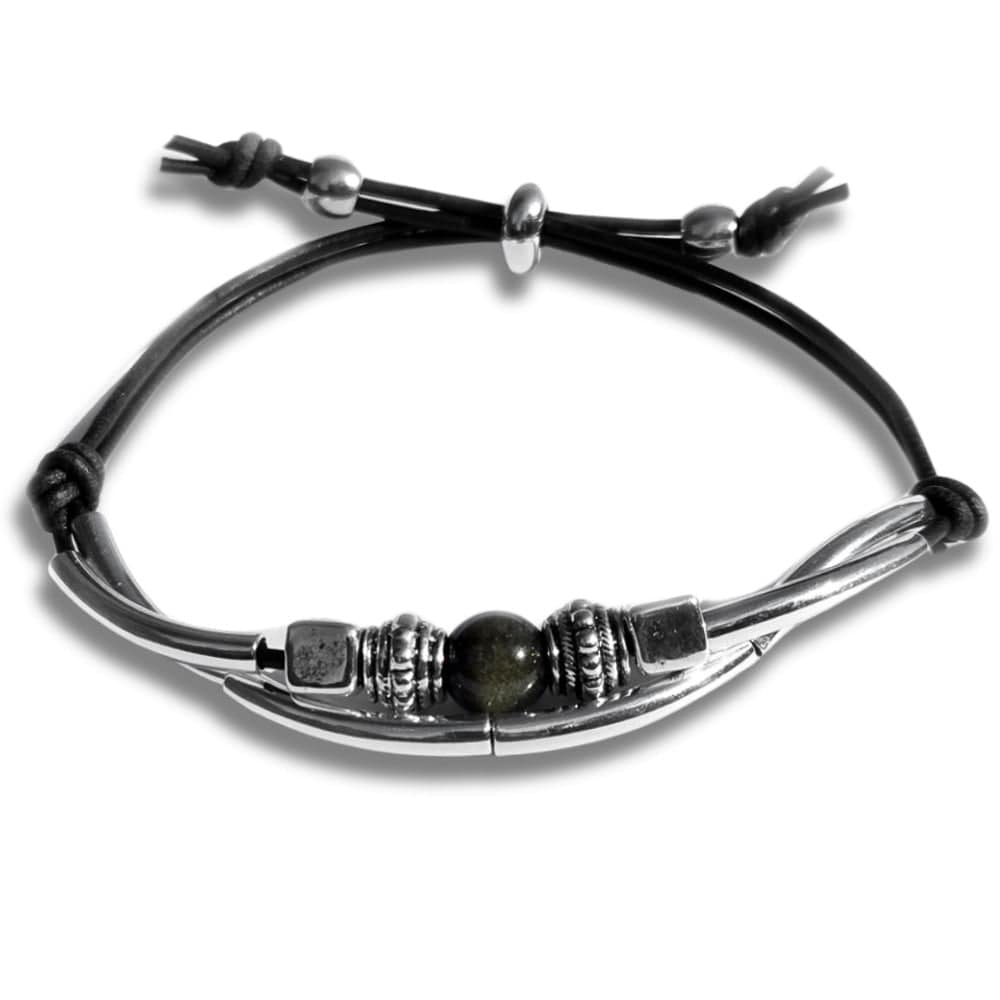 Sofi Adjustable Black Leather Bracelet with Silver Plated Crescents &amp; Gold Obsidian Focal