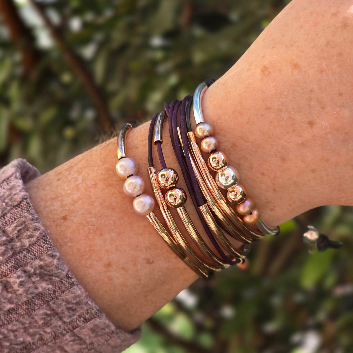 Rose Gold Girlfriend Natural Purple Leather Wrap Bracelet