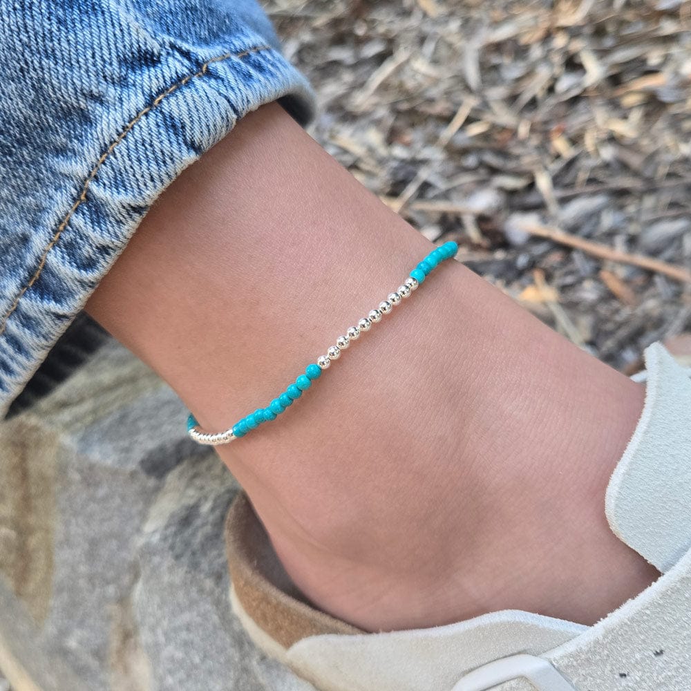 2mm Sterling Silver and Turquoise Bead Anklet