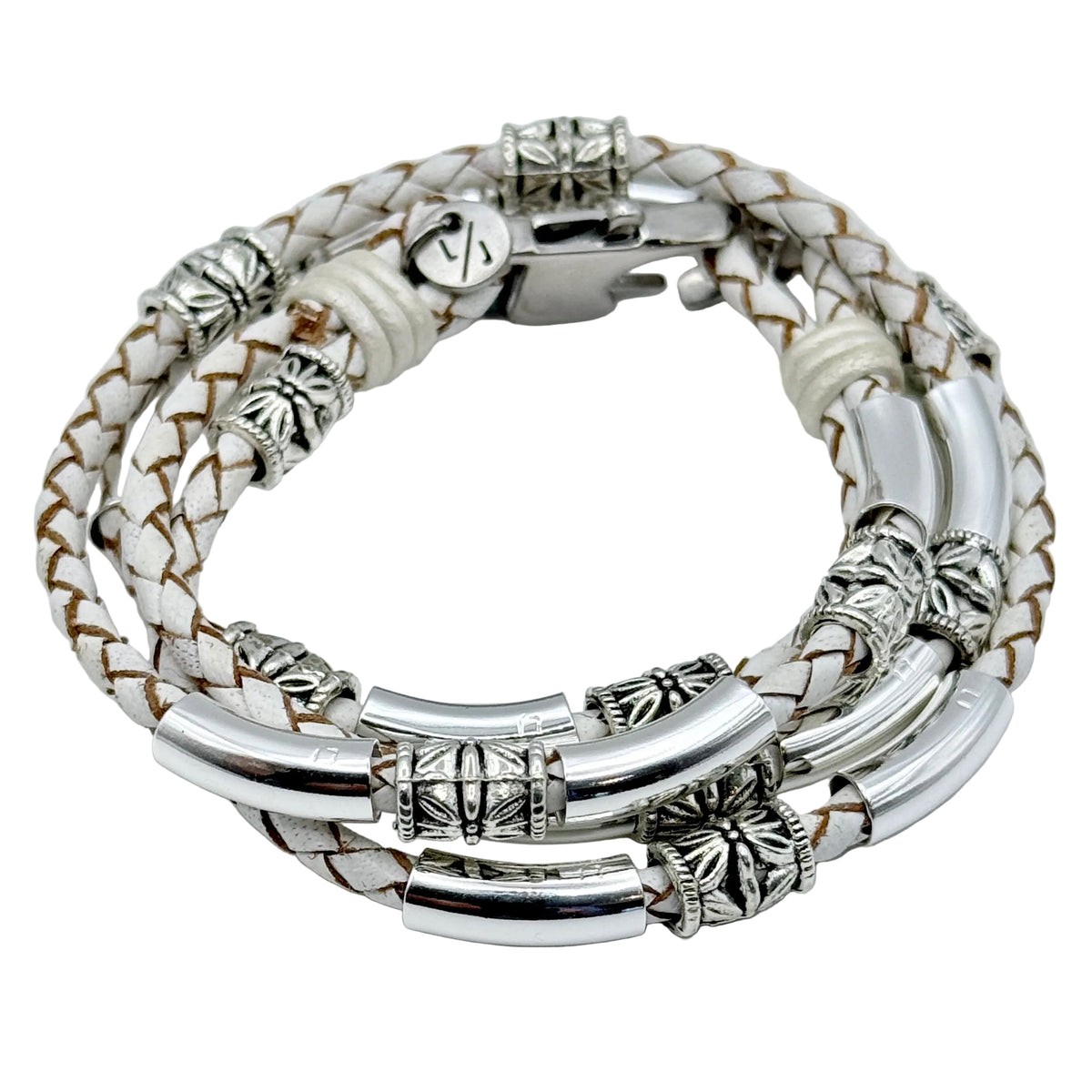 Maxi Braided Black Leather Wrap Bracelet - Silver Beads | Lizzy James
