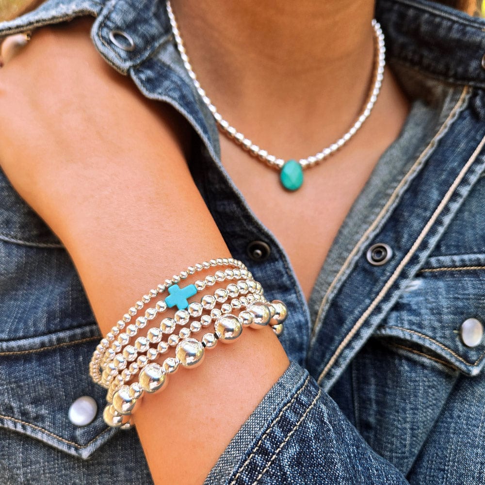 Sterling Silver Beaded Bracelets 3-4-8mm with Turquoise Cross Charm and Necklace with Turquoise Pendant