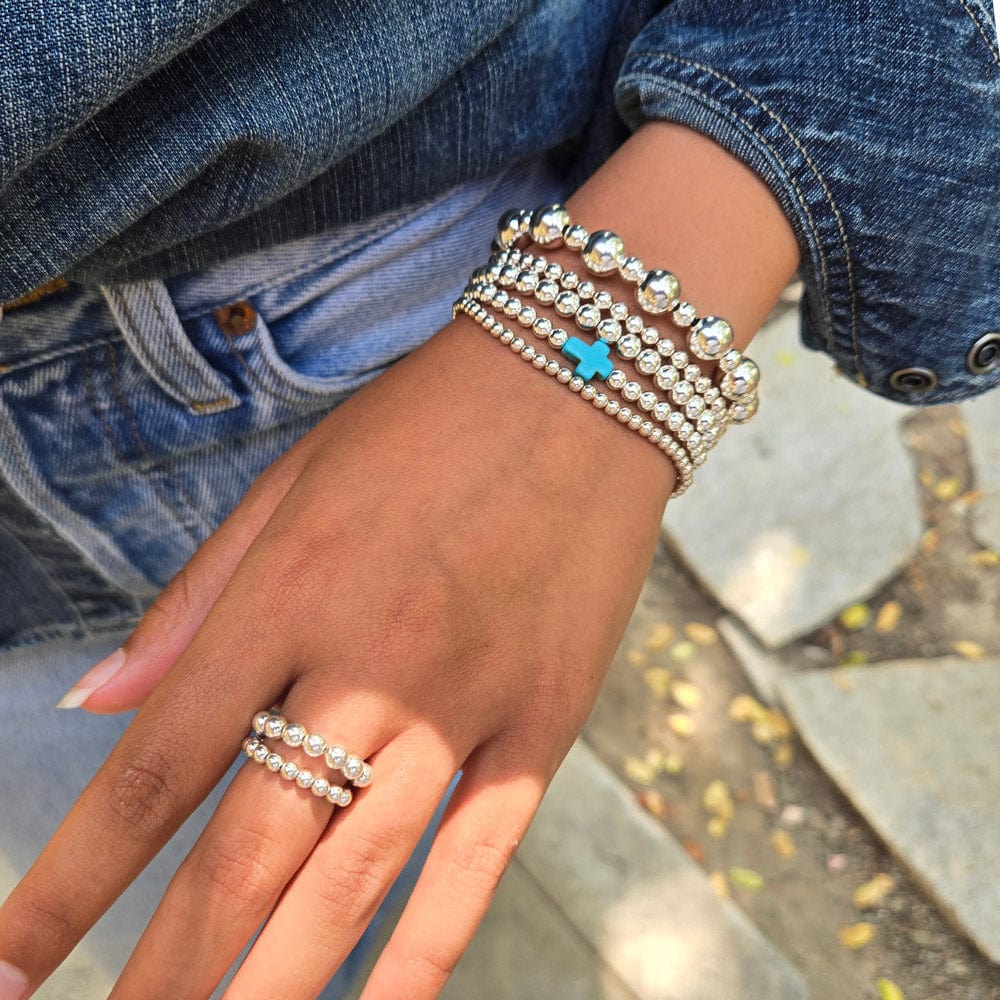 3mm, 4mm, and 8mm Sterling Silver Beaded Bracelets with Turquoise Cross Charm and Sterling Ring