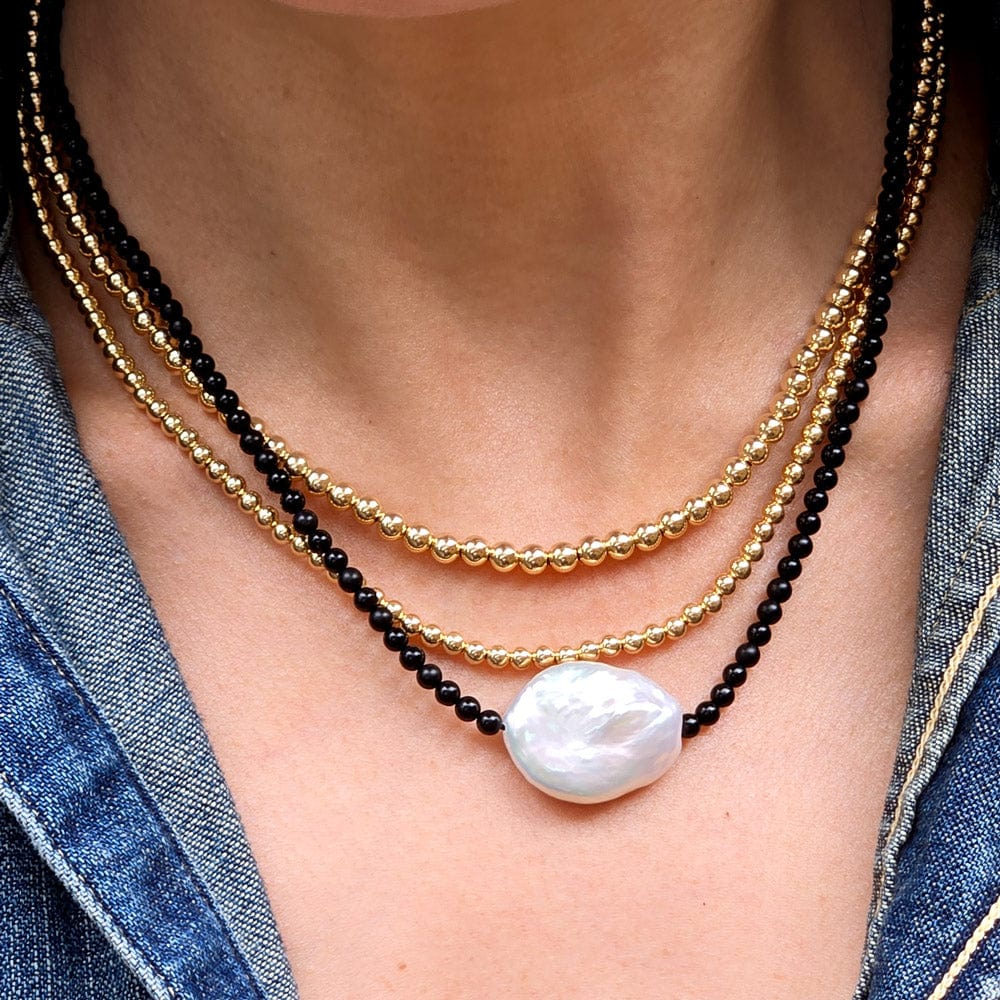 3mm and 4mm 14K gold-filled necklaces with black onyx necklace and large square pearl necklace