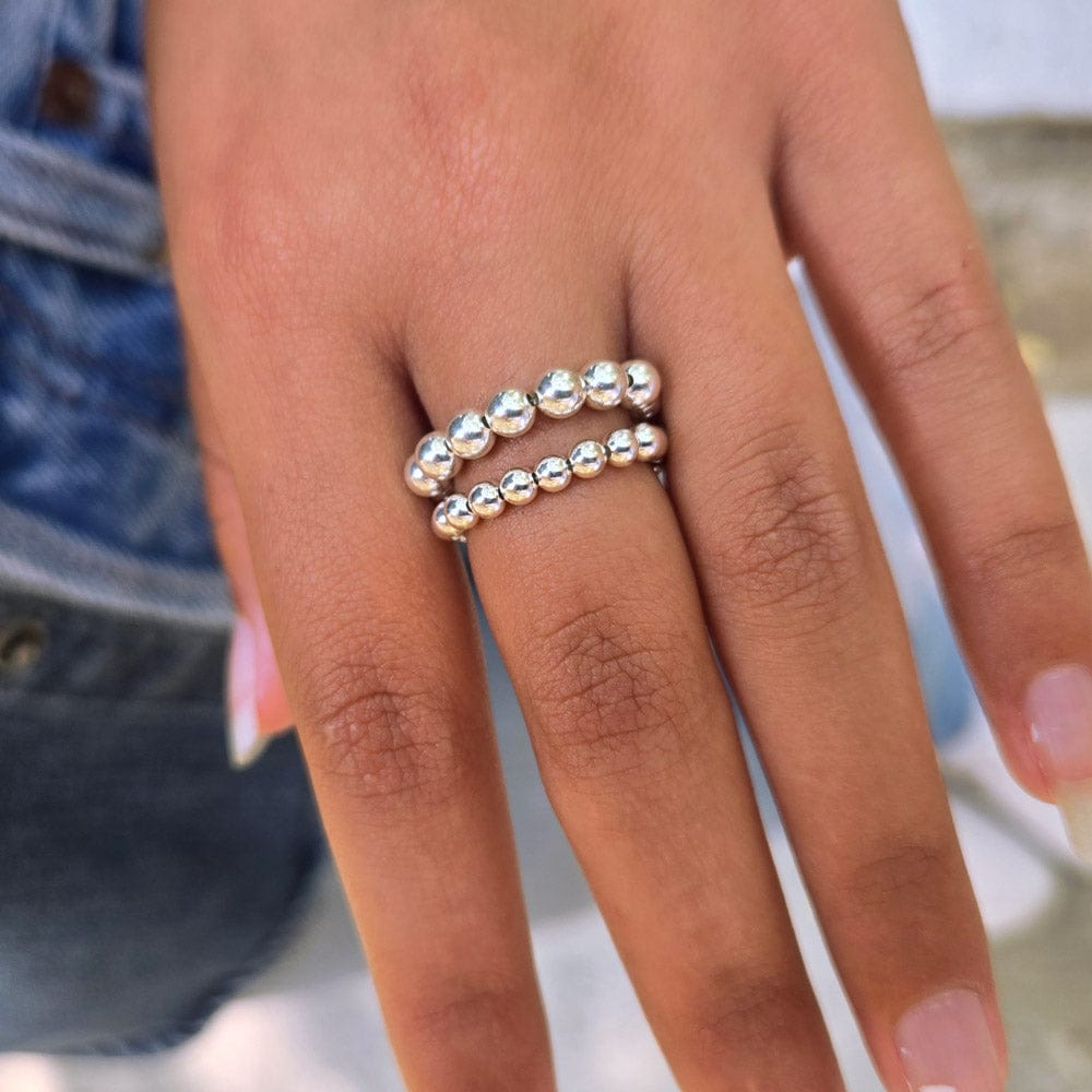 Sterling Silver Beaded Ring: Heart Charm, Stretch Stacking Ring Sterling Silver Beaded Ring: Heart Charm, Stretch Stacking Ring