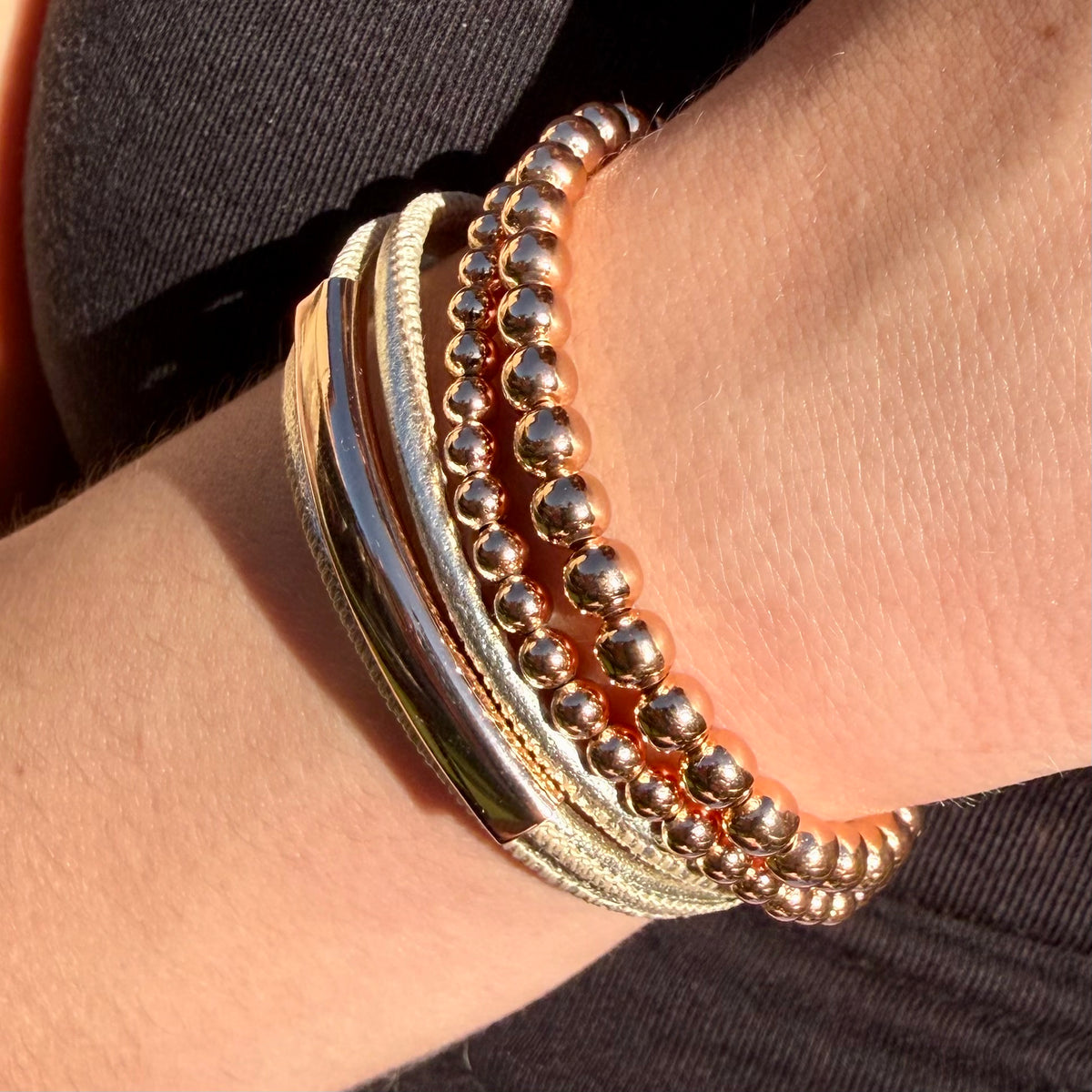 The Halo Trio Bracelet – Light Gold Leather & Rose Gold | Handmade in California