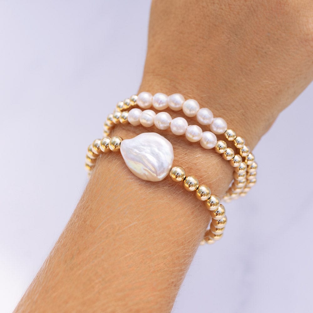  4mm and 3mm 14k Gold Filled Beaded Bracelet Stack with Large Freshwater Pearls