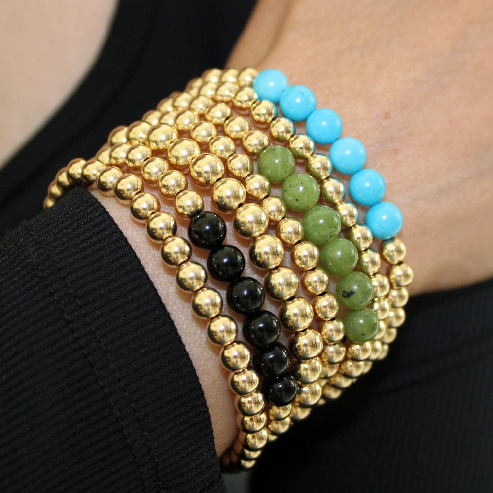 4mm and 6mm 14k Gold Filled Bracelets with Turquoise, Onyx, and Jade Beads